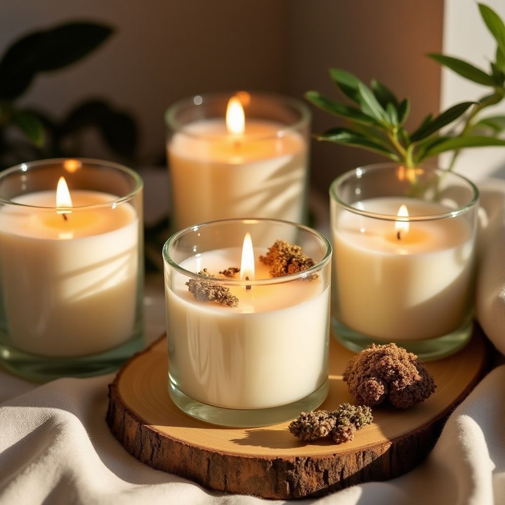Selection of handmade soy candles with dried flowers